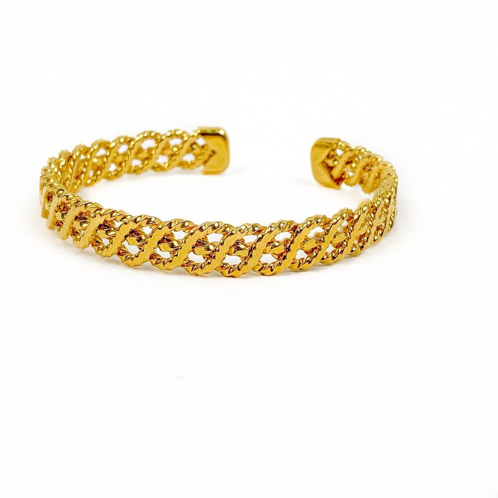 Gold Tone Open Cuff Bracelet Braided Filigree Bangle Shiny Minimalist 80s Retro